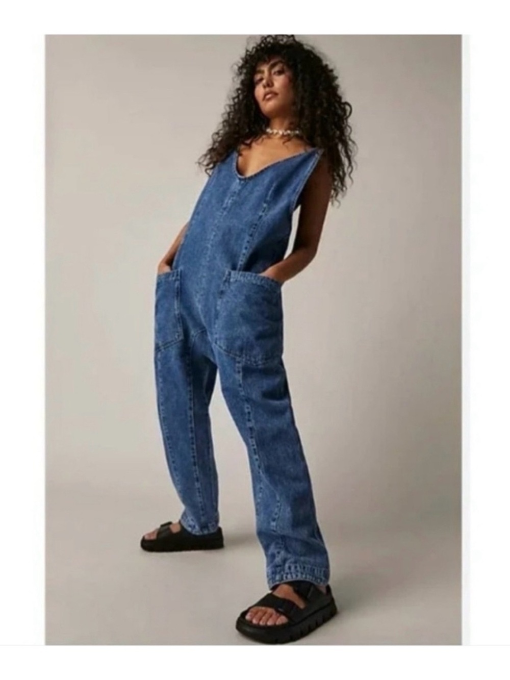 Free People We The Free High Roller Washed Blue Denim Overalls Jumpsuit